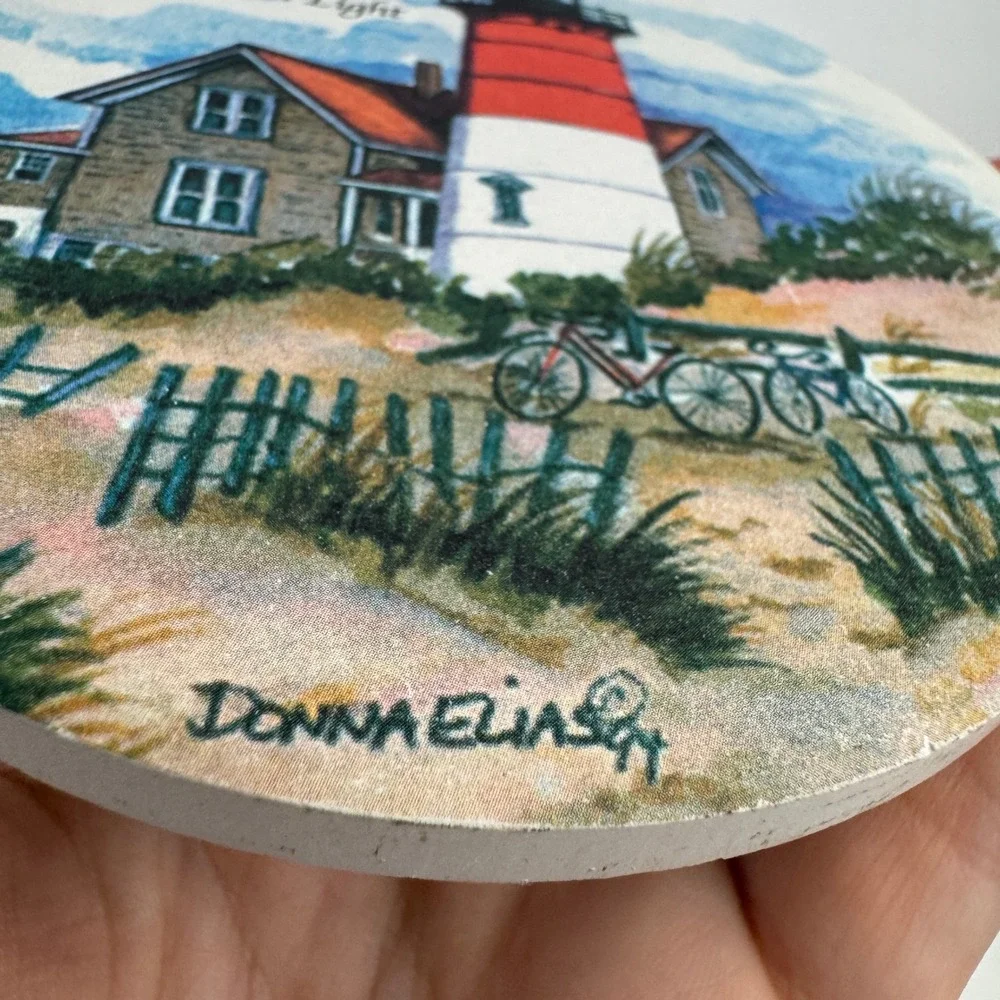Donna Elias Art Nauset Beach Nobska Light House Round Coaster Stone Beach Theme